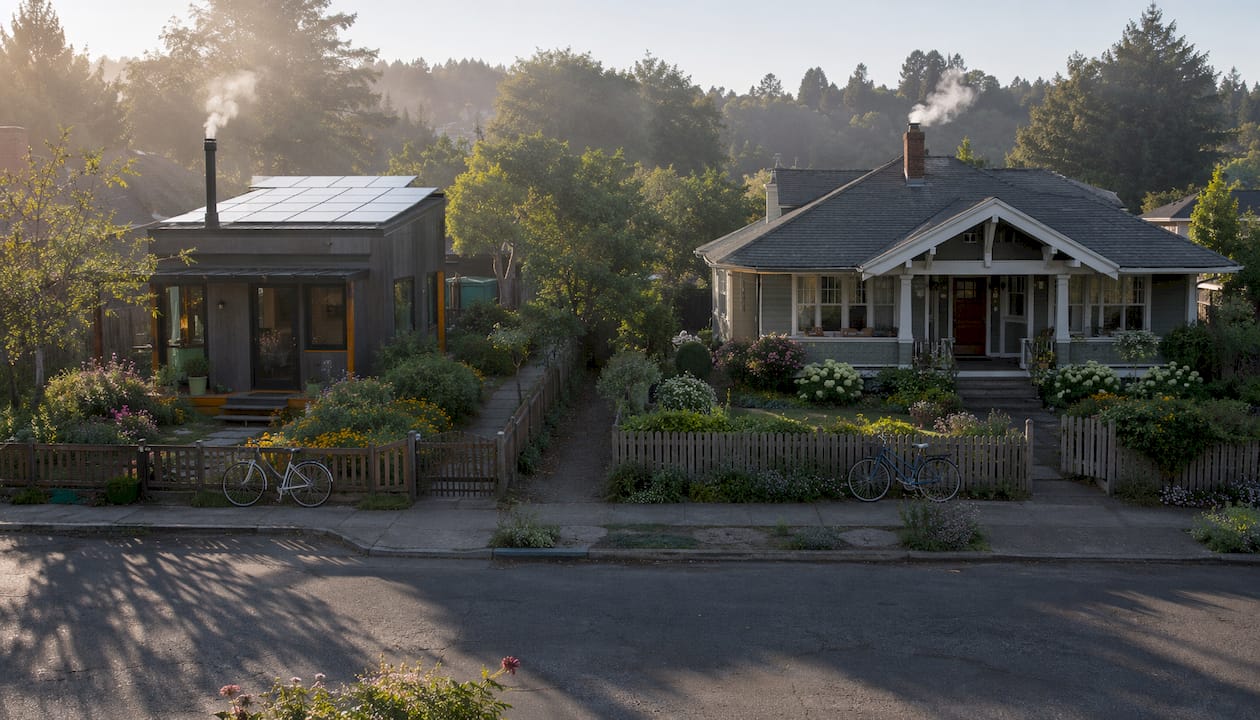 Side-by-side small and large homes aerial view