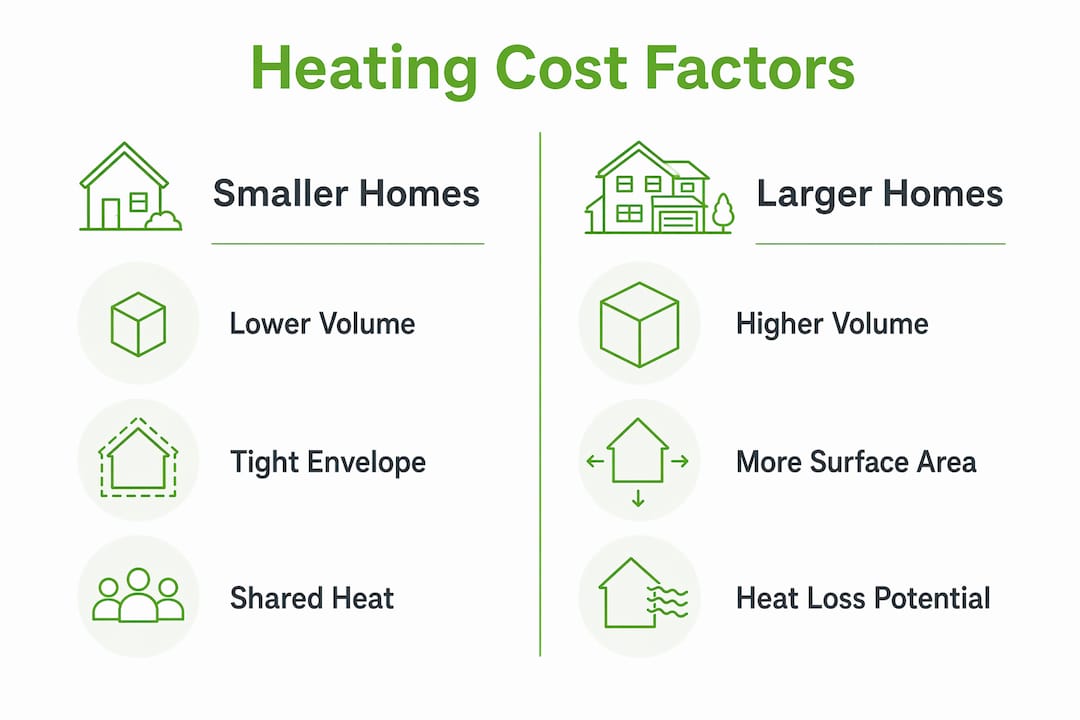 Infographic showing heating cost factors for smaller vs larger homes