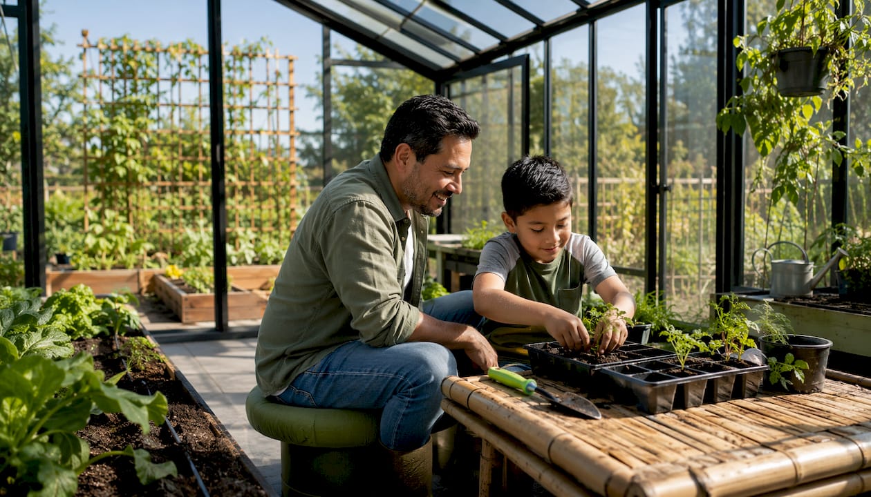 Father and daughter planting seedlings inside greenhouse