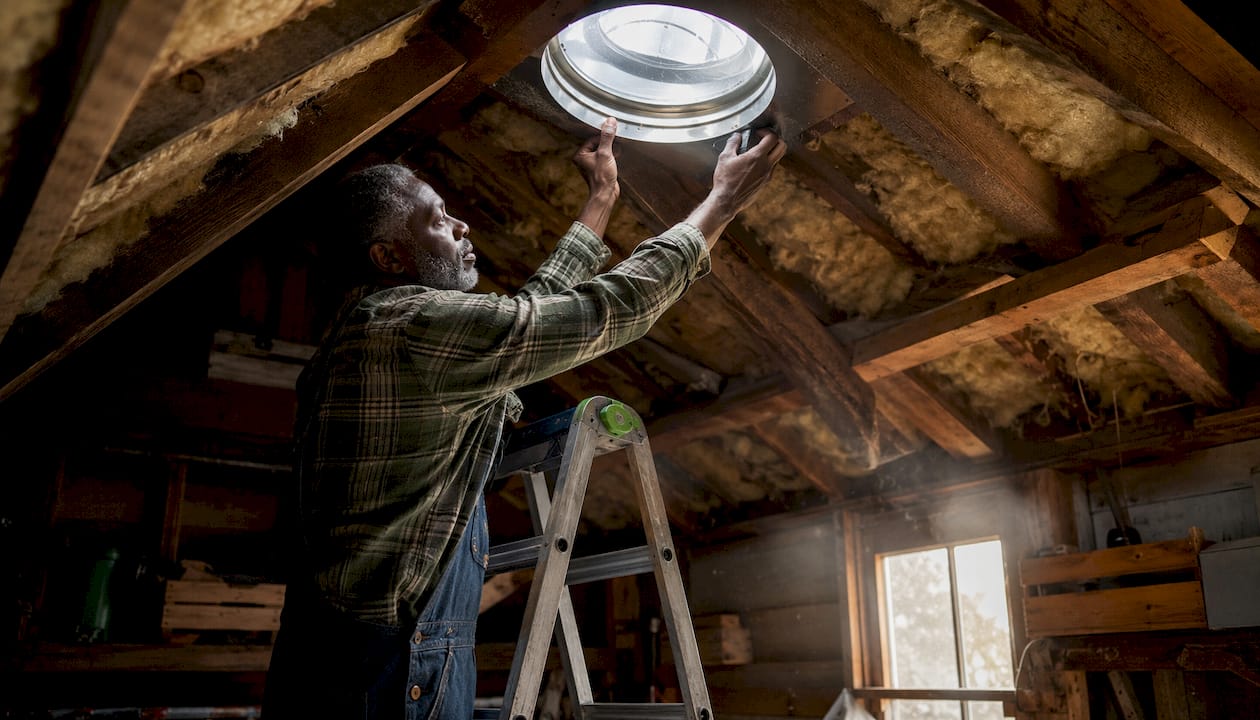 Man installing tubular skylight in attic