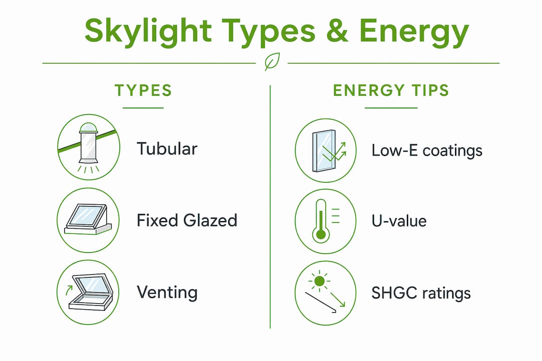 Infographic comparing skylight types and energy tips