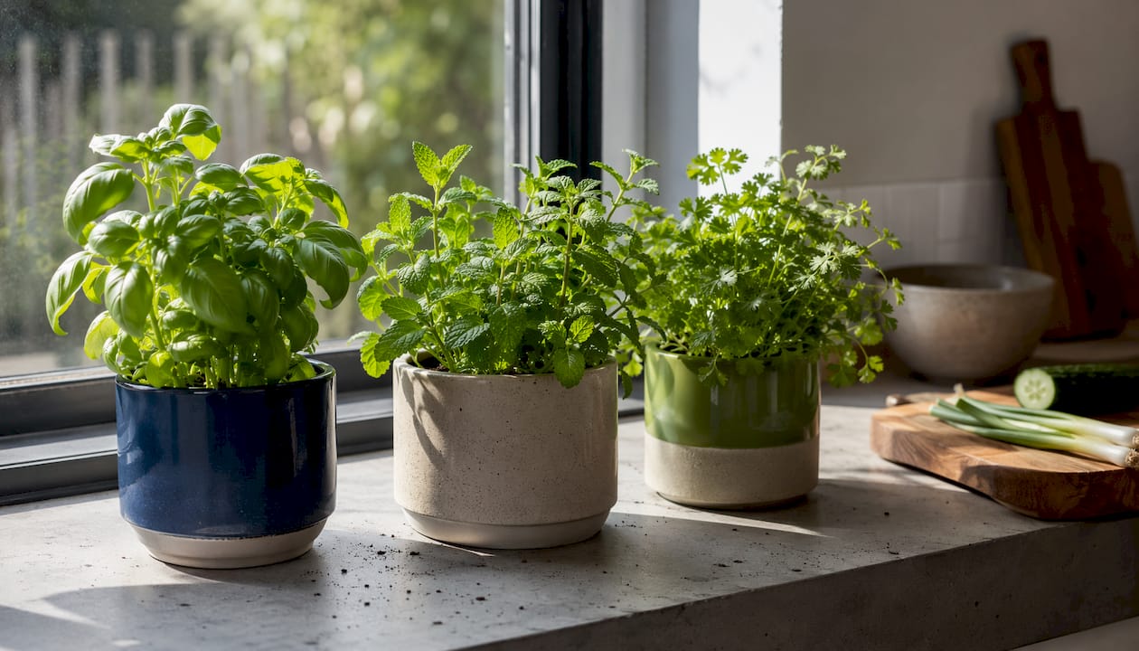 Herb pots growing on kitchen windowsill