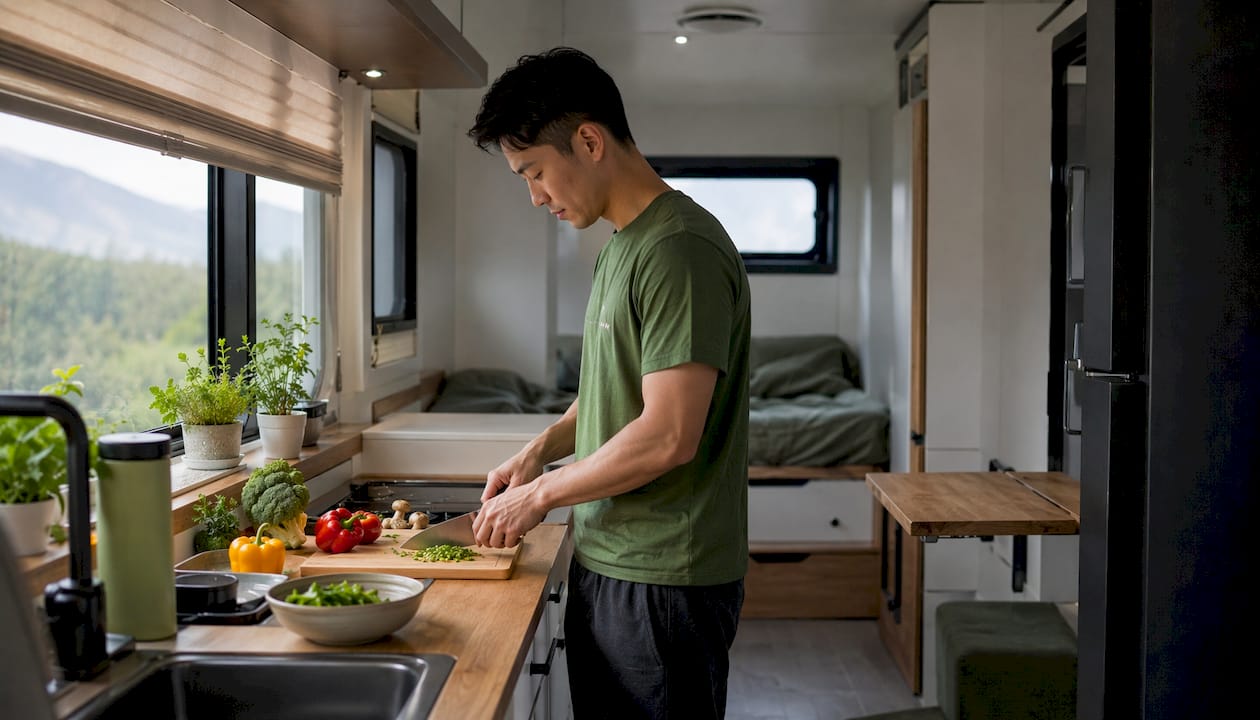 Man cooking in trailer-style tiny home kitchen