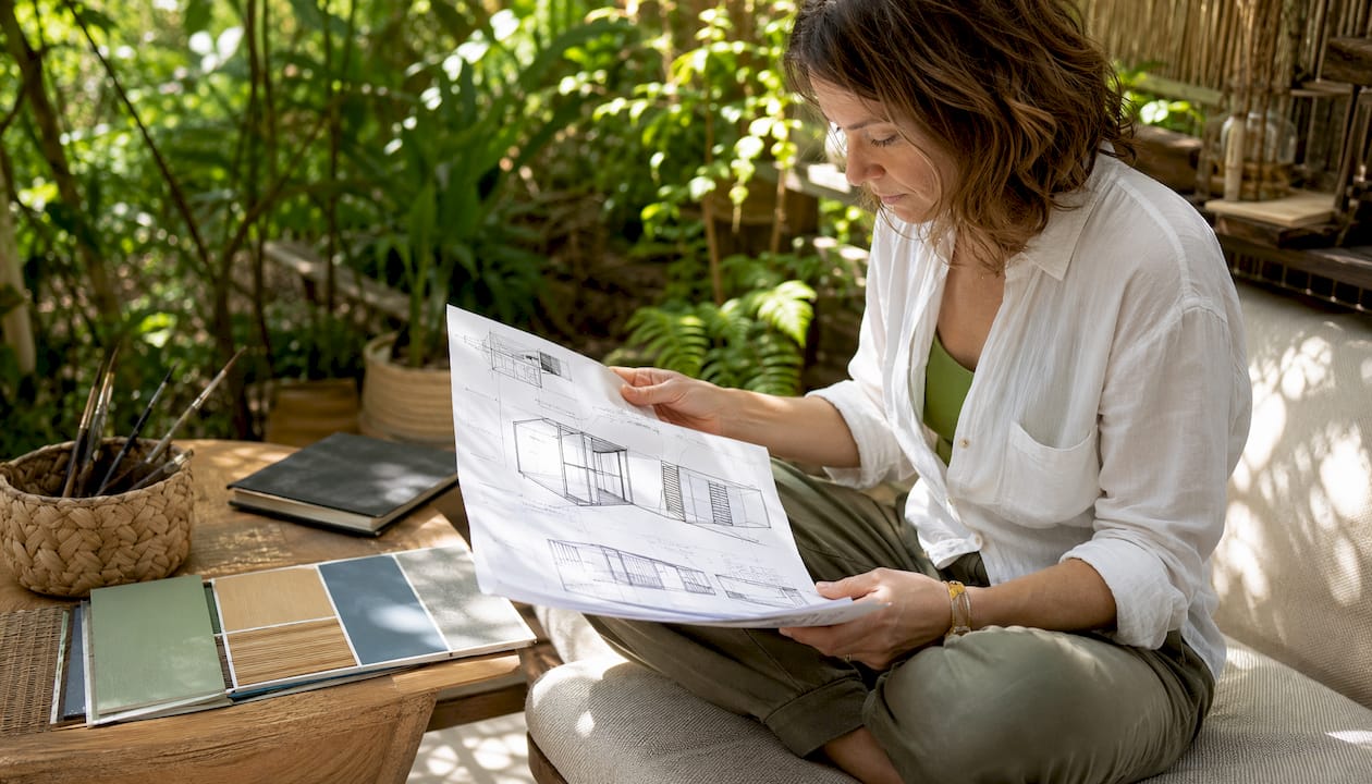 Architect reviewing modular building technical drawings