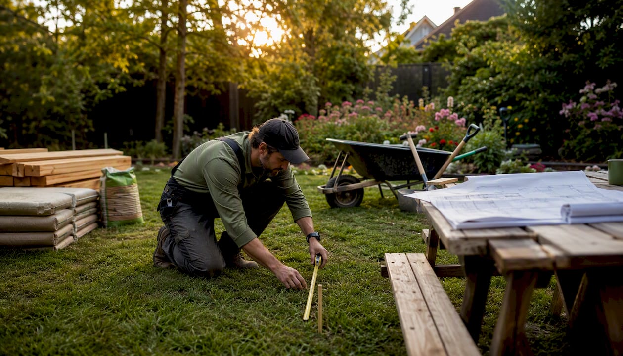 Builder reviewing tiny home site prep outdoors
