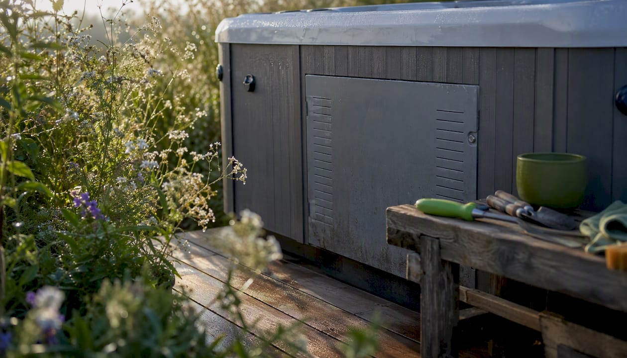 Concealed mechanical panel on compact hot tub