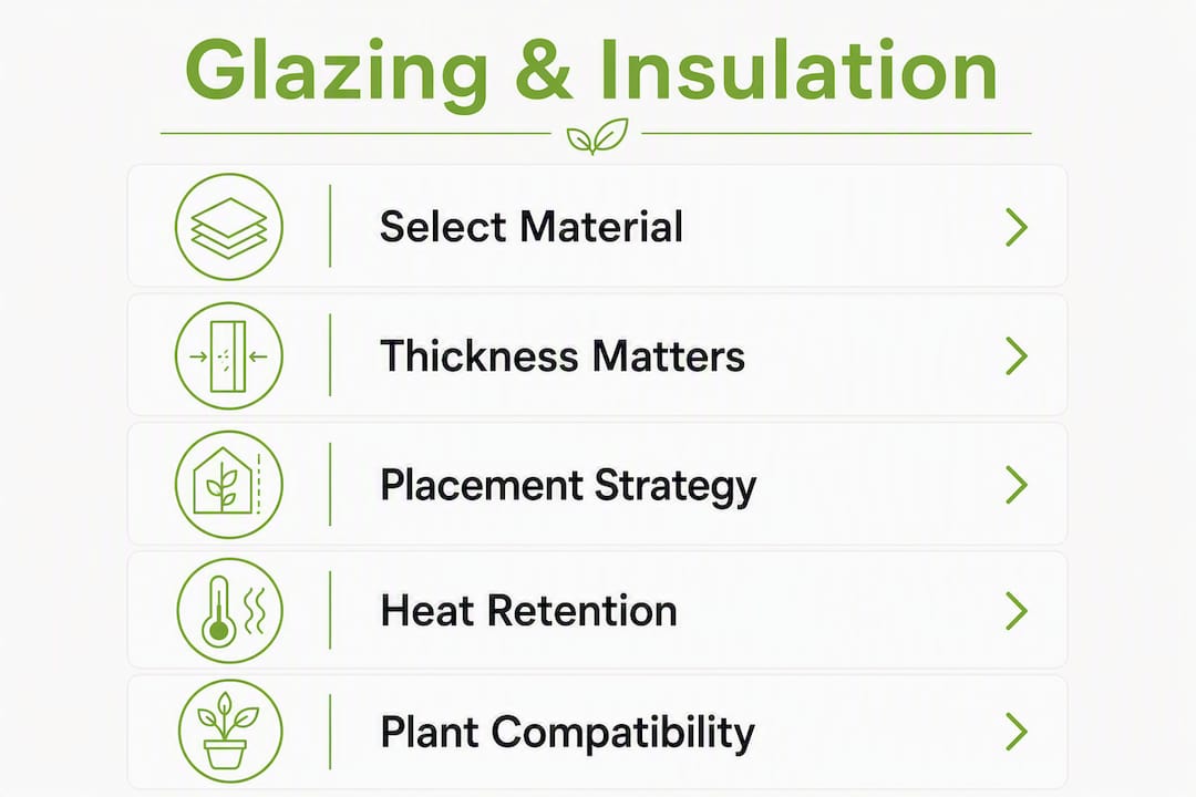 Infographic showing glazing and insulation steps for greenhouse