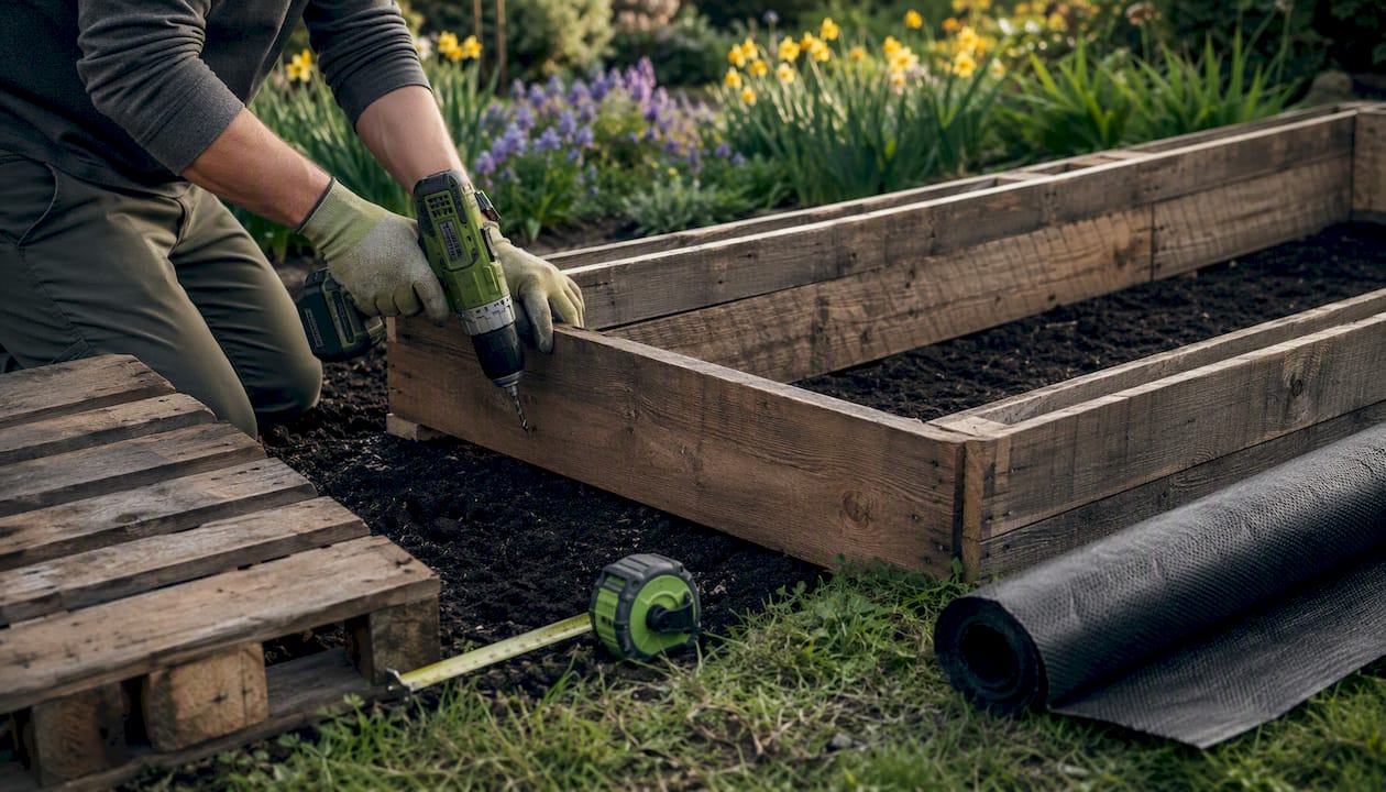 Hands building pallet raised garden bed frame