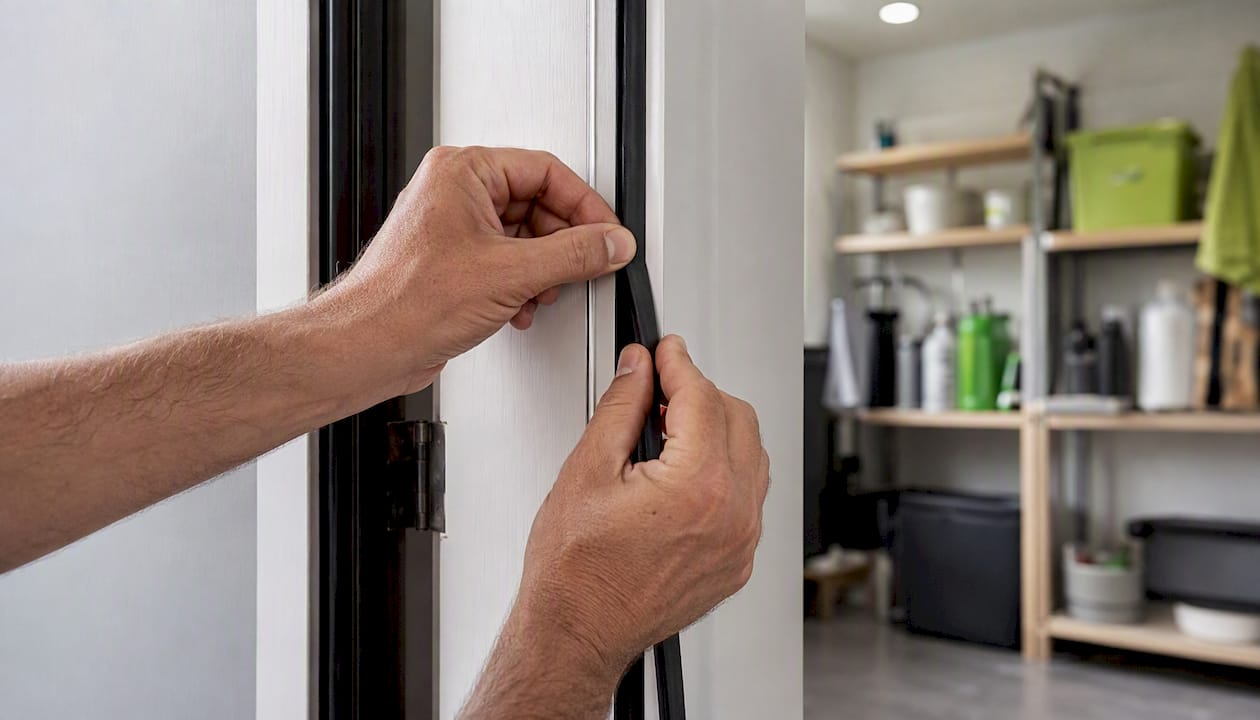 Hands installing door weatherstripping