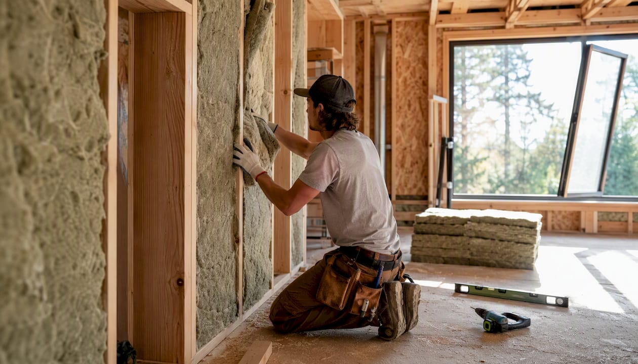Hands installing insulation in tiny home wall framing