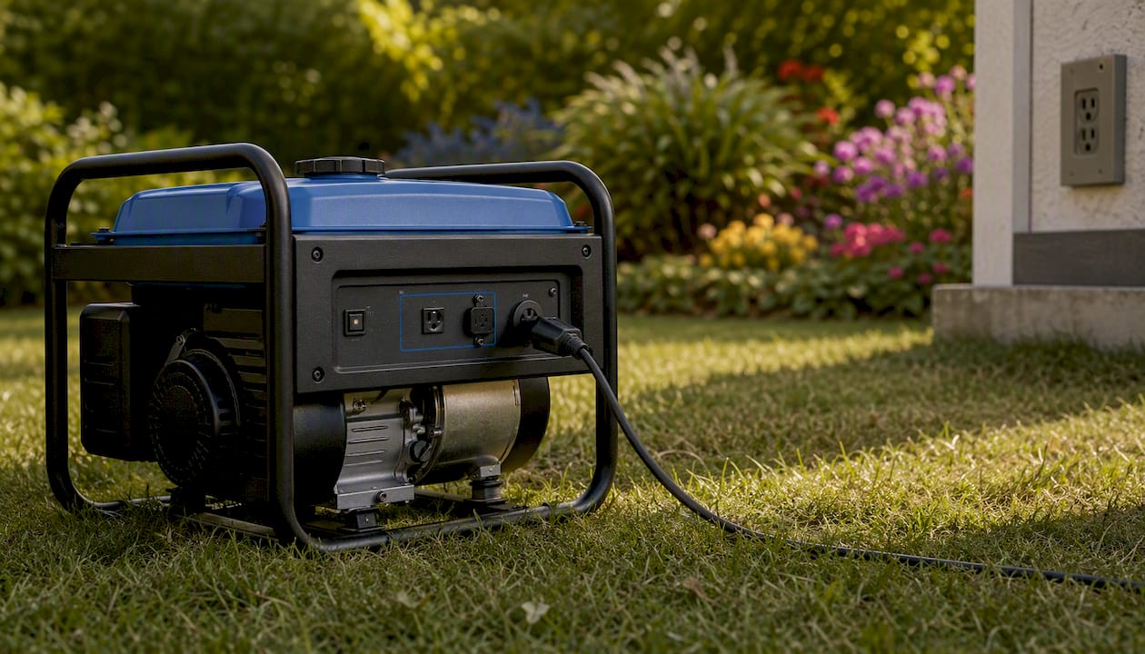 Portable generator outdoors with electrical cord