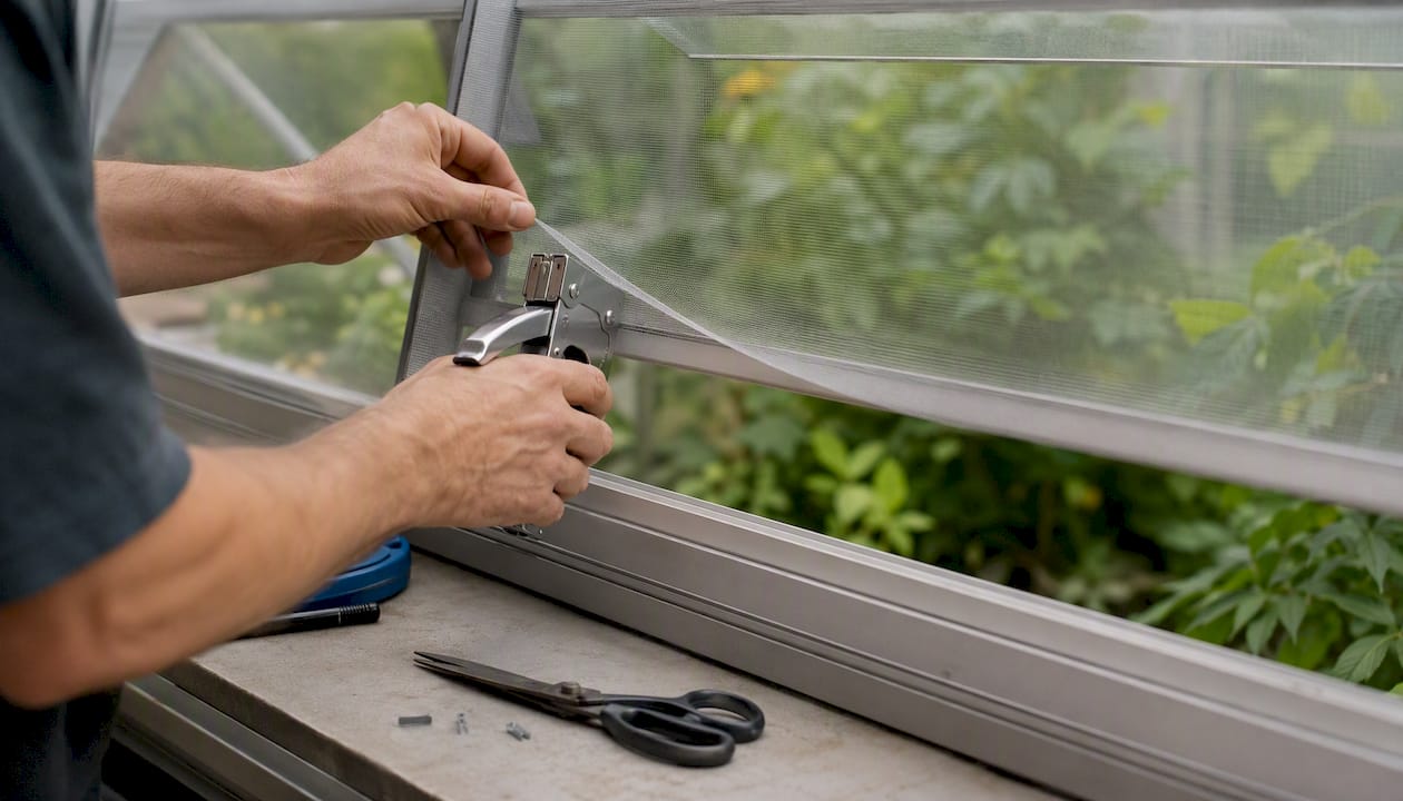 Hands installing insect screening on greenhouse vent