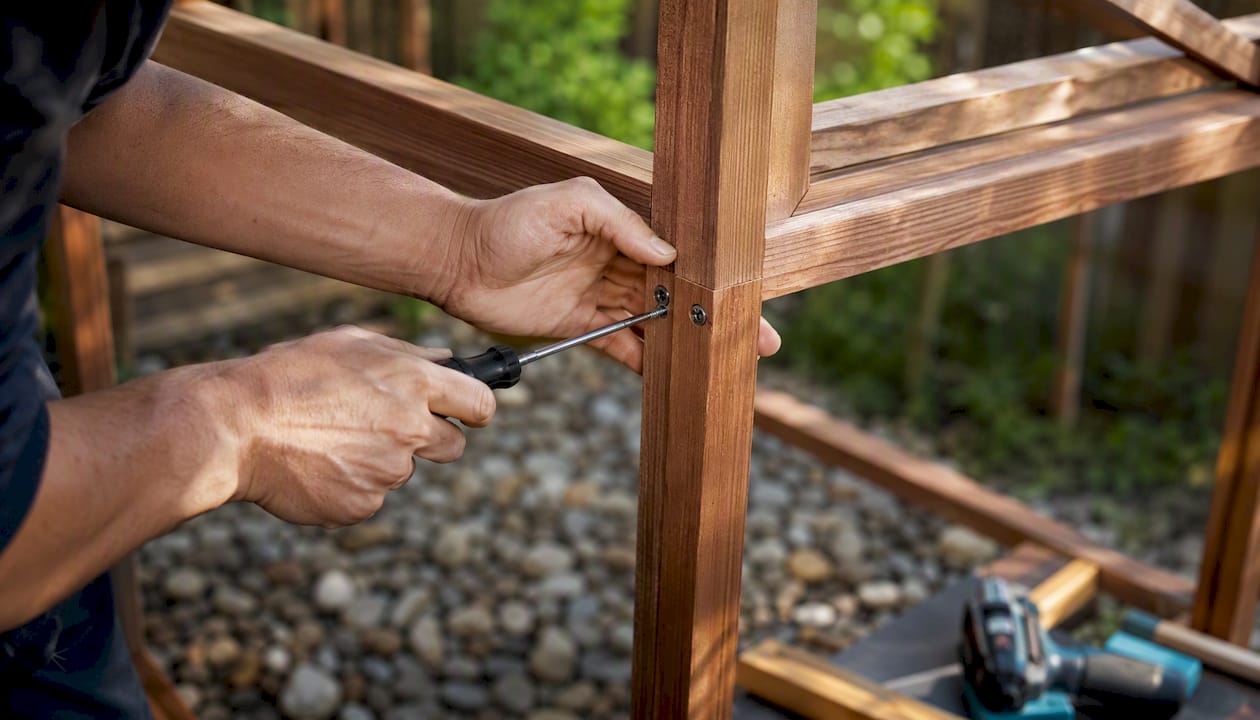 Hands fastening cedar wood greenhouse frame joint
