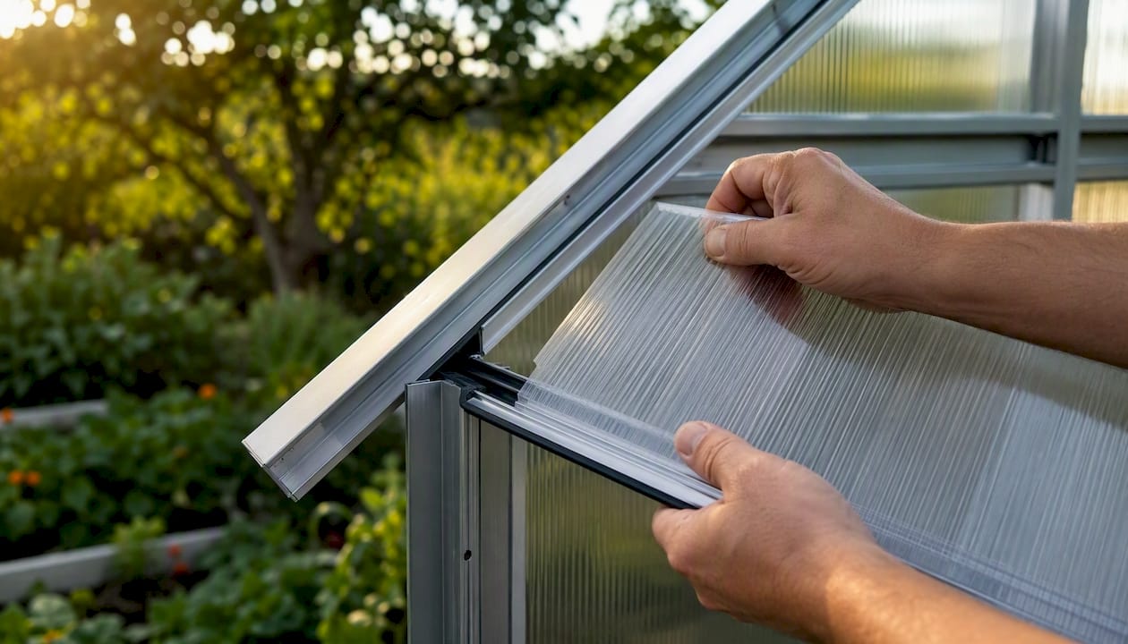 Hands fitting polycarbonate panel into aluminum greenhouse frame
