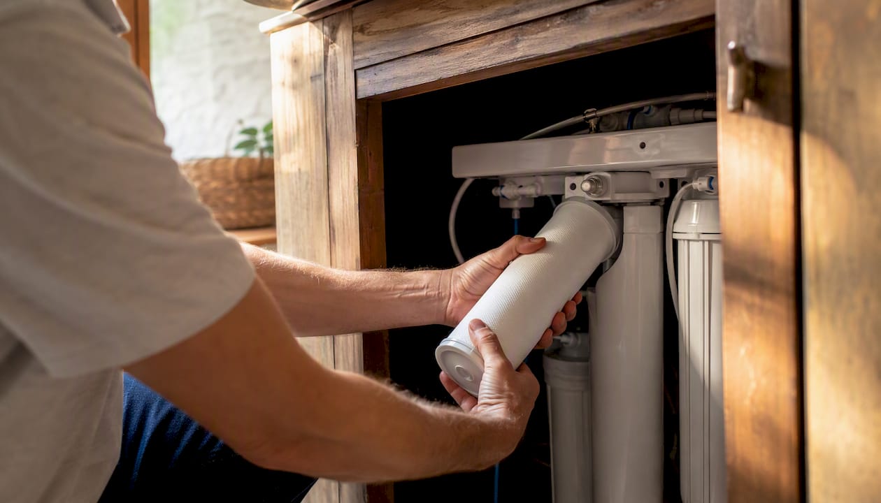Hands replacing water filter cartridge