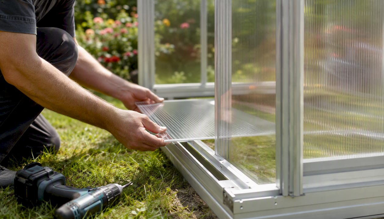 Hands installing polycarbonate panel on greenhouse frame