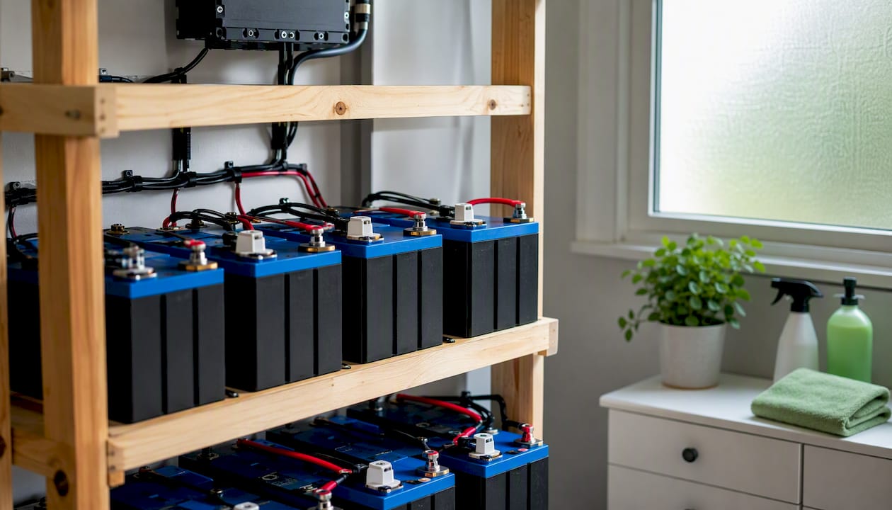 LiFePO4 battery bank modules inside tiny house