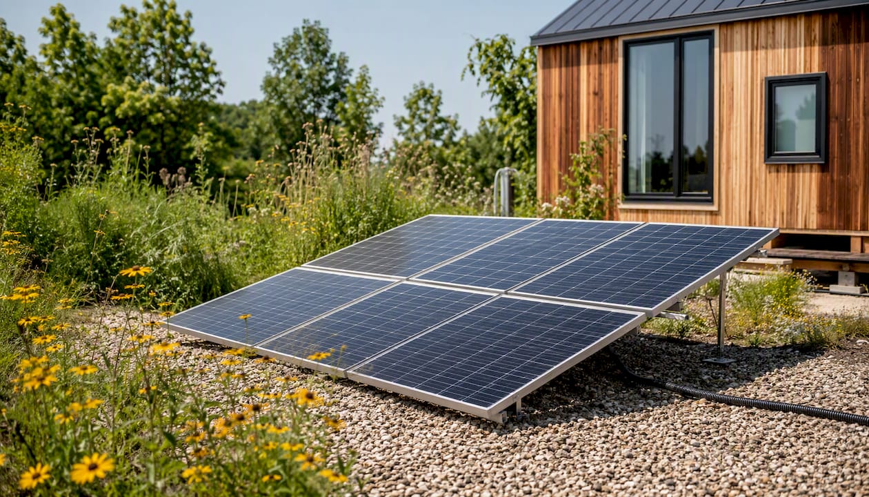 Ground-mounted solar panels near tiny house