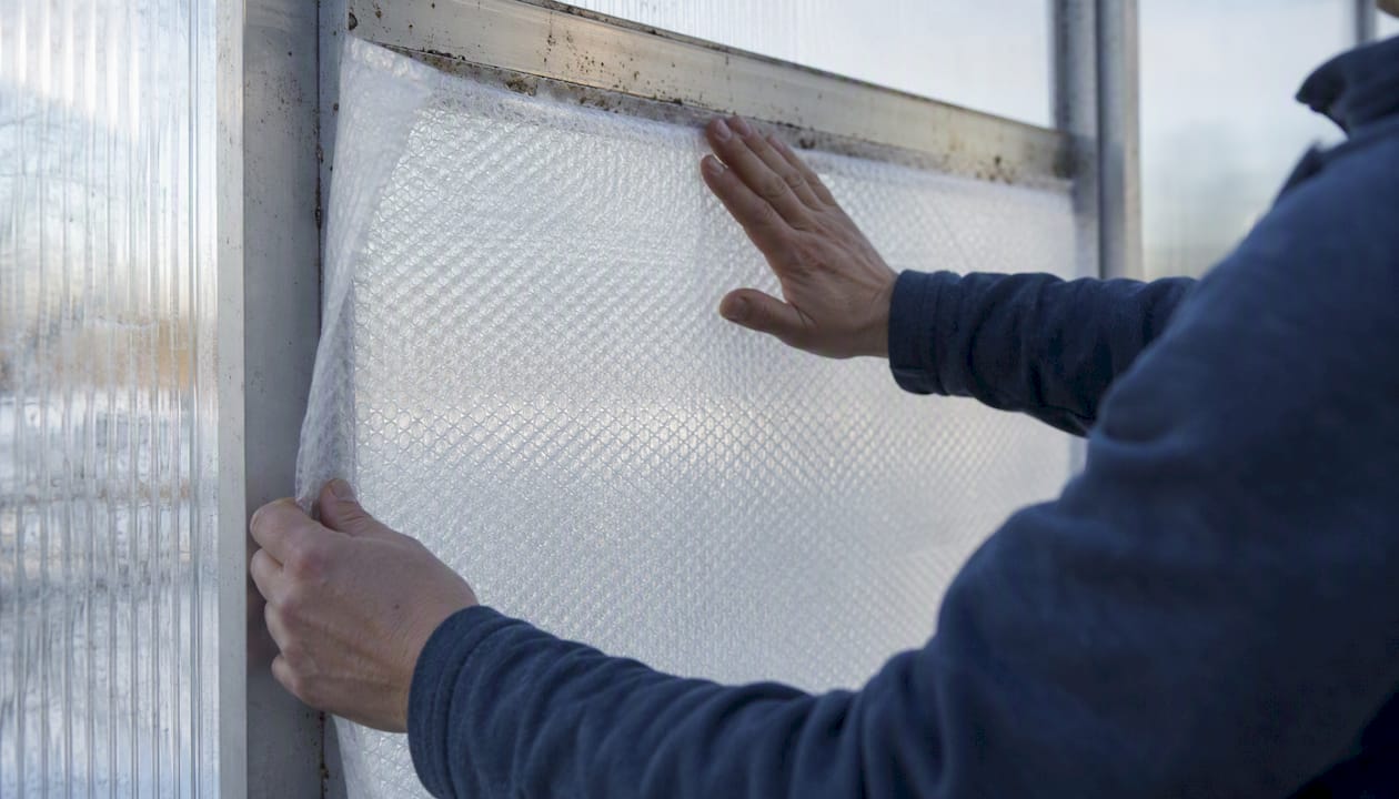 Hands applying bubble wrap insulation on greenhouse