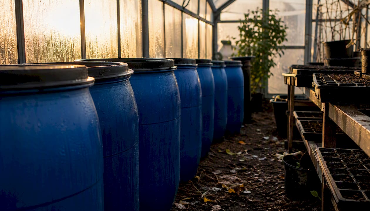 Water barrels inside greenhouse for thermal mass