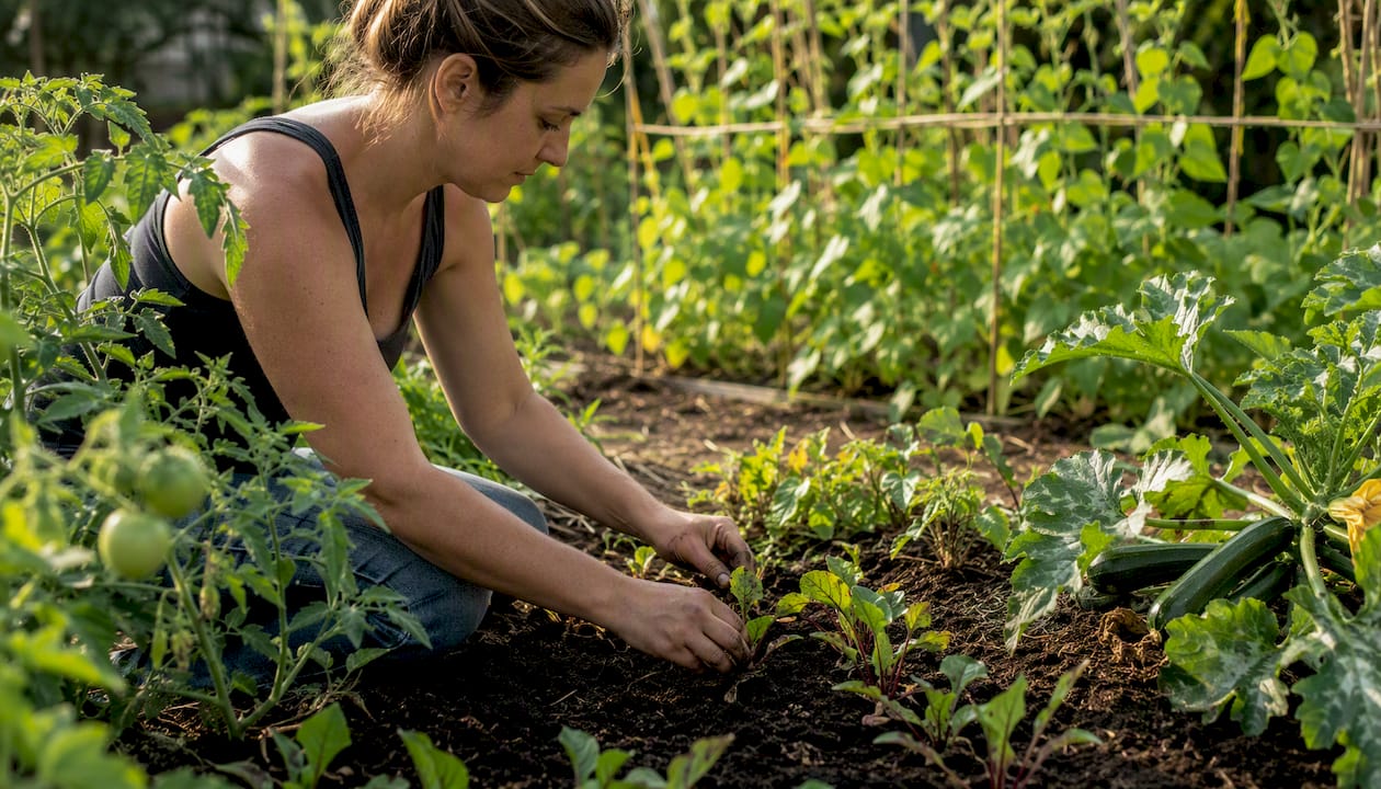 Hands thinning seedlings in succession vegetable garden bed