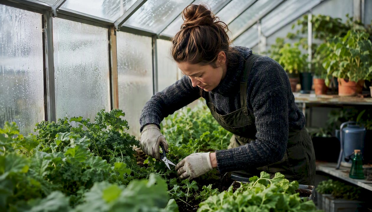 Hands harvesting leafy greens inside a greenhouse