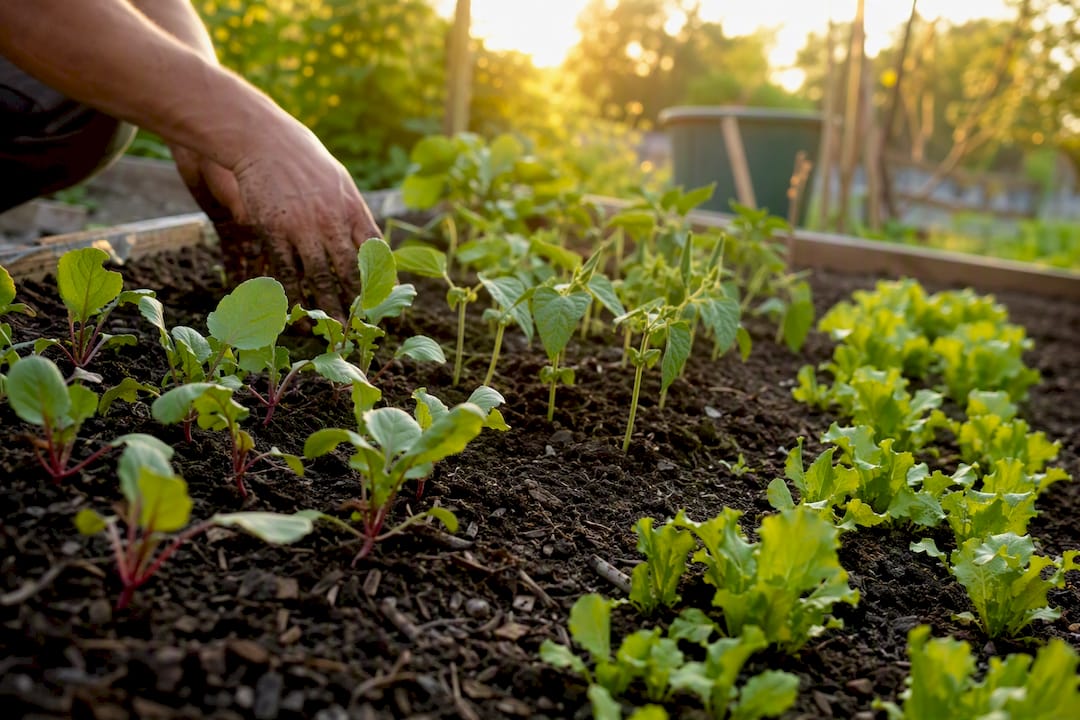 Fresh vegetable seedlings sprouting in soil