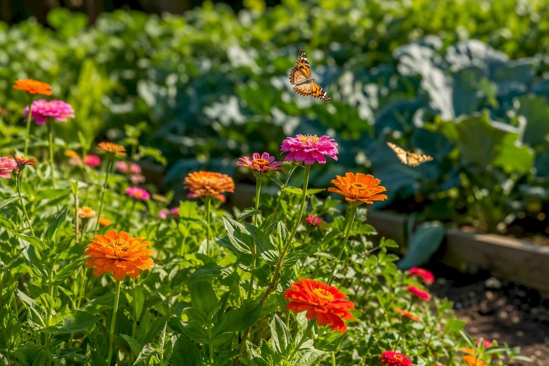 Blooming zinnia flowers in vegetable garden