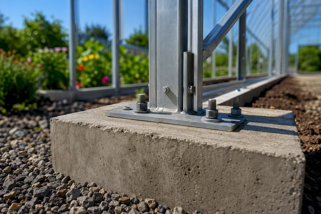 Greenhouse metal frame anchored to concrete footing