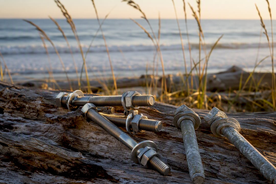 Stainless steel and galvanized anchor bolts close-up