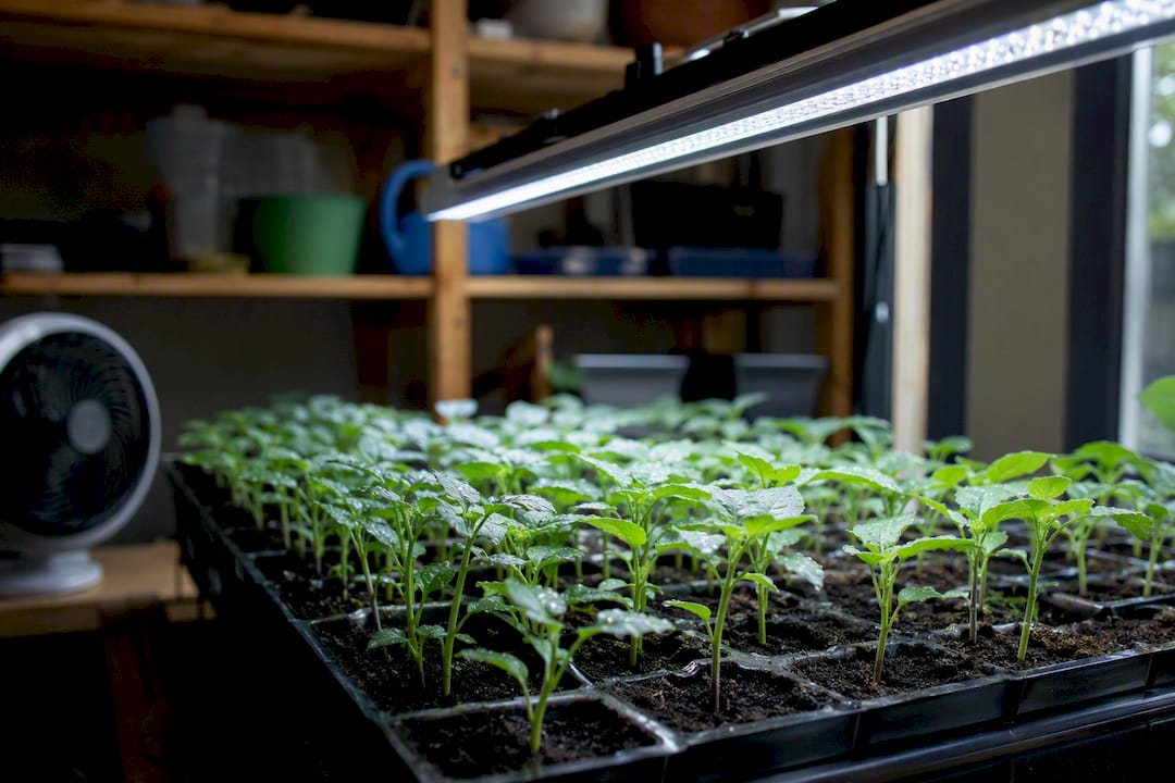 Seedlings under LED grow light indoors