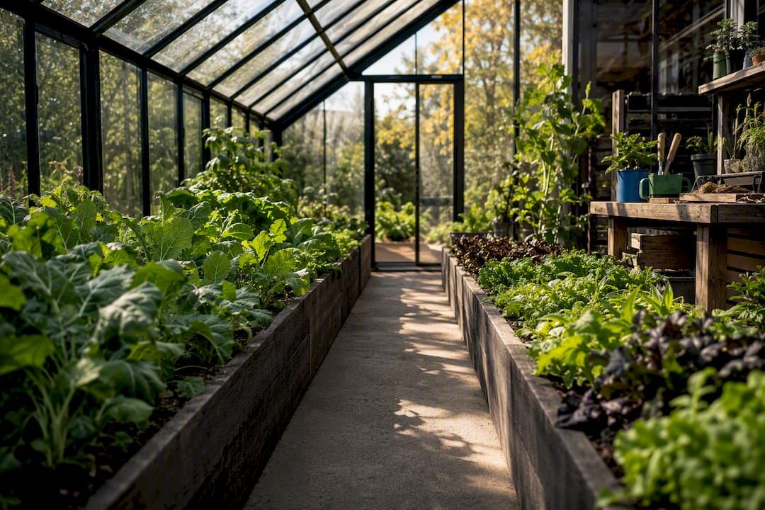 Greenhouse interior showing planting beds and central path