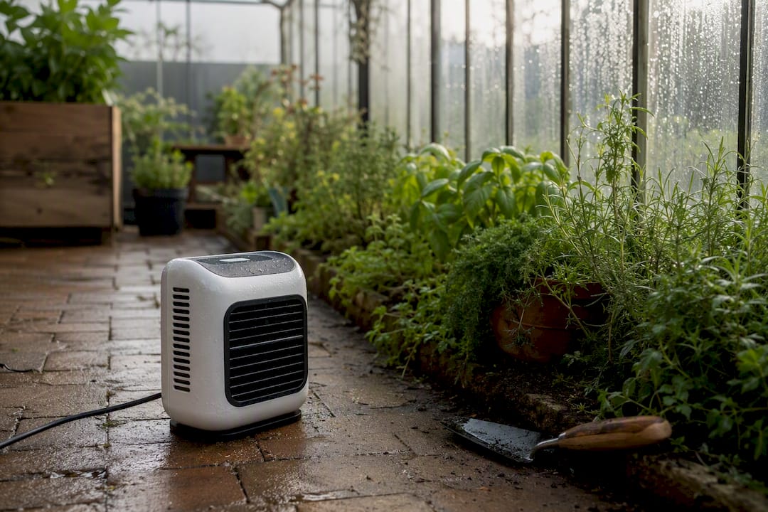 Inside greenhouse with heater and ventilation vents