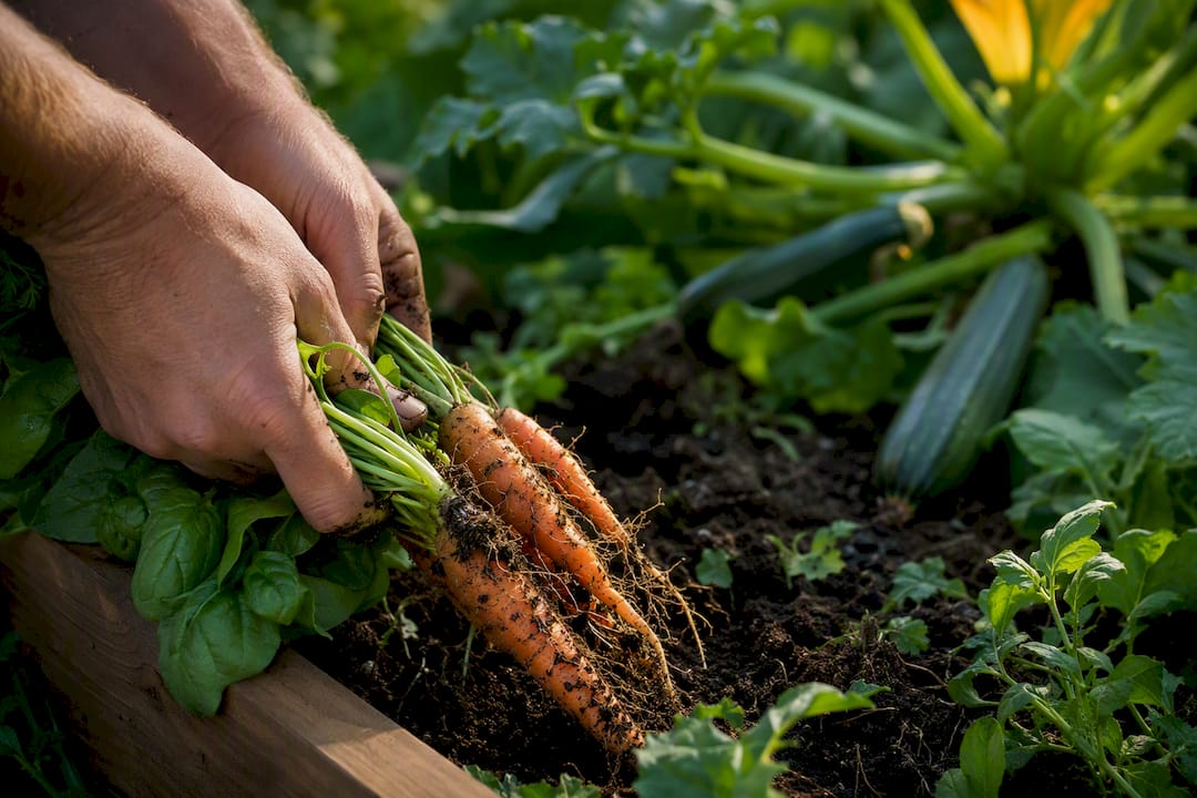 Hands harvesting radishes and lettuce in garden
