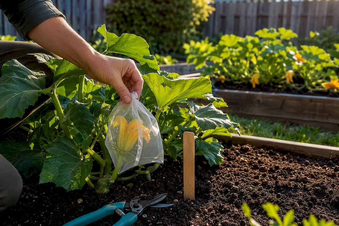 Gardener isolating squash blossoms for seed saving