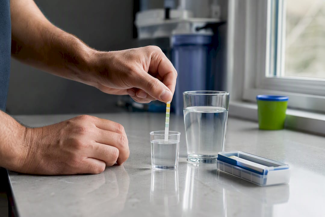 Hands checking rainwater with a test strip