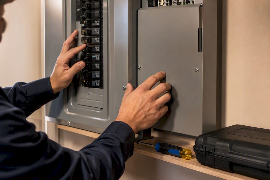 Electrician inspecting panel and transfer switch