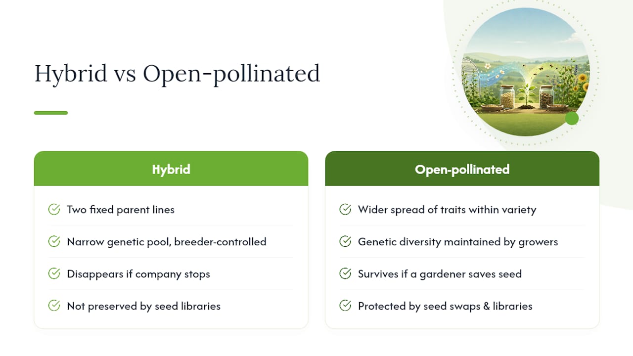 How Open-Pollinated Seeds Protect Biodiversity — overview diagram