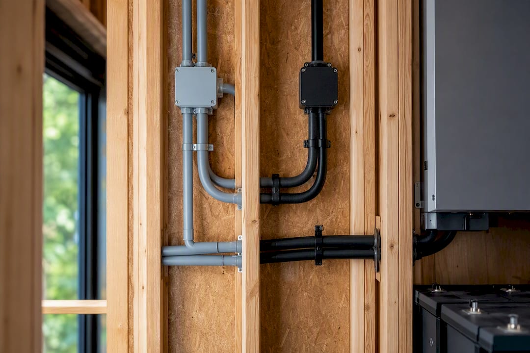 Separated conduits routed inside tiny-house wall