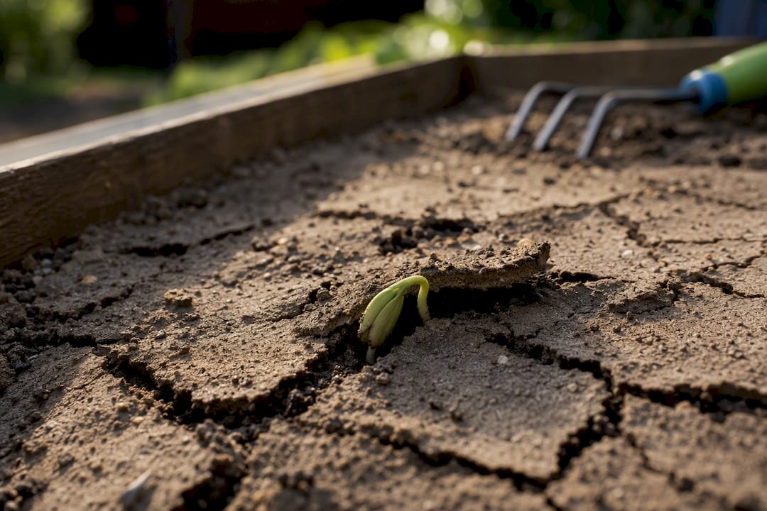 Seedling trapped beneath hardened soil crust