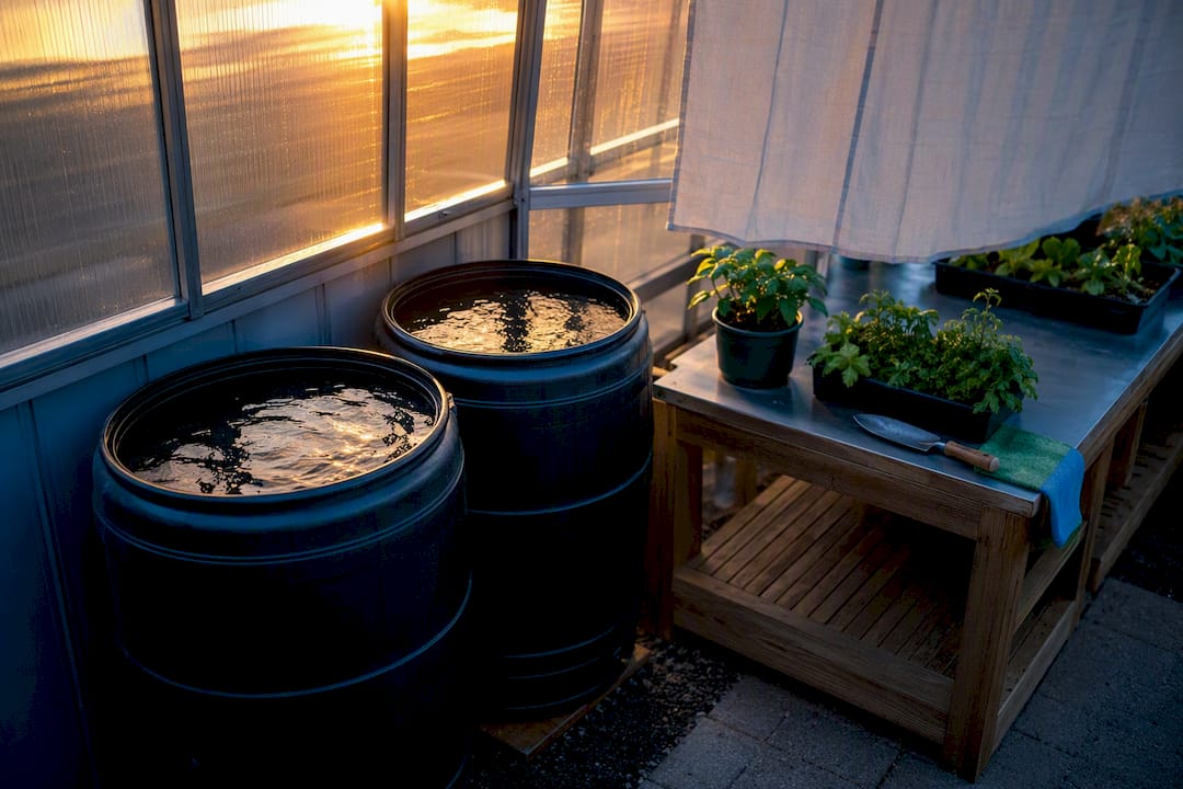 Water barrels storing heat in greenhouse
