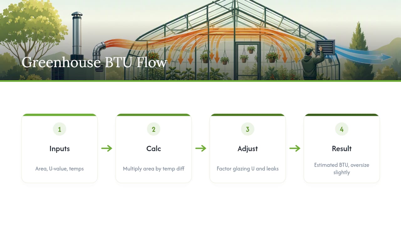 Greenhouse BTU sizing inputs and calculation
