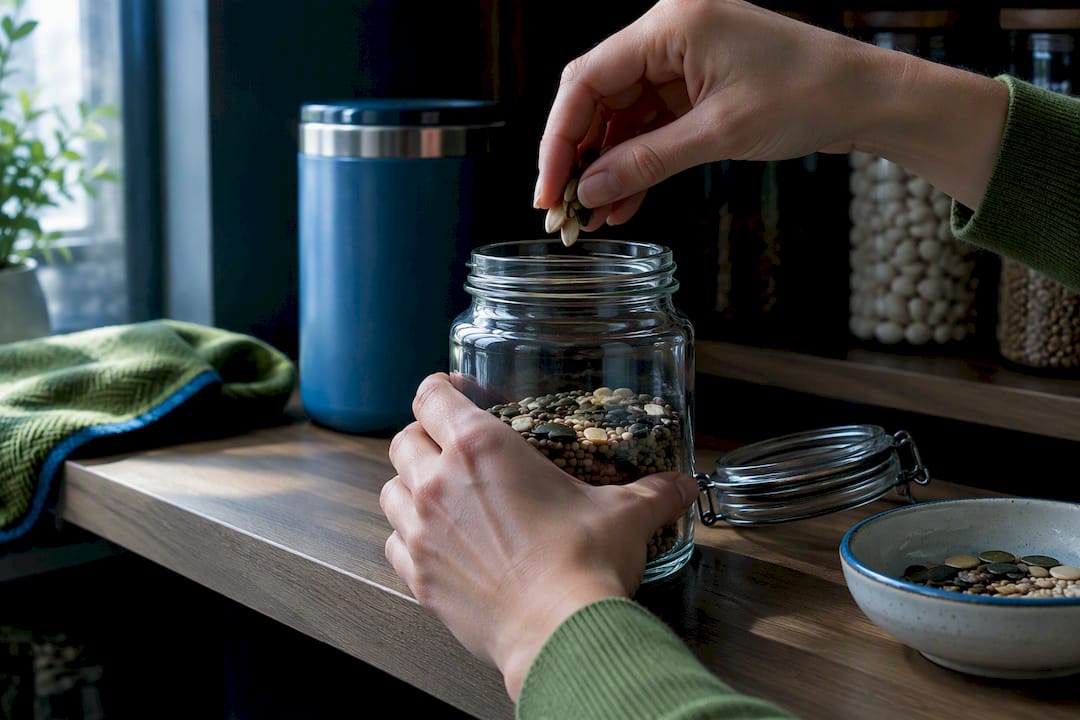 Vegetable seeds stored in airtight glass jar