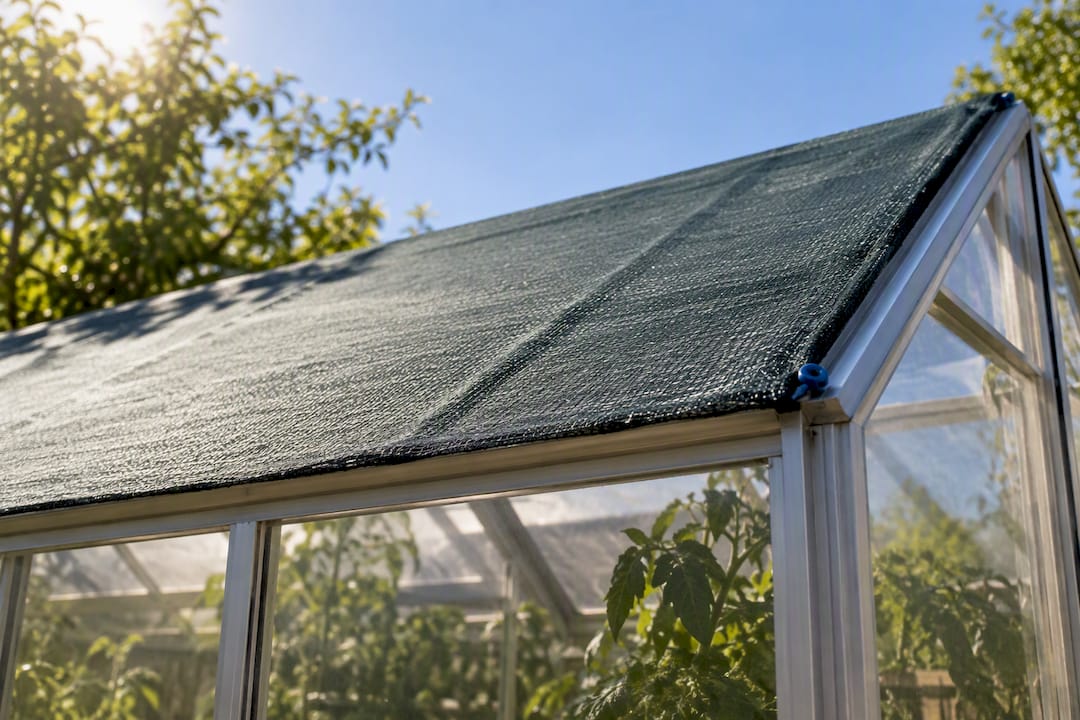 Exterior shade cloth covering greenhouse roof