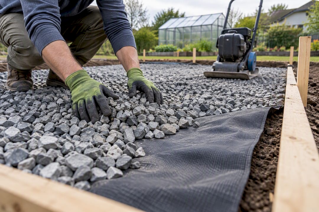 Crushed stone spread over foundation fabric