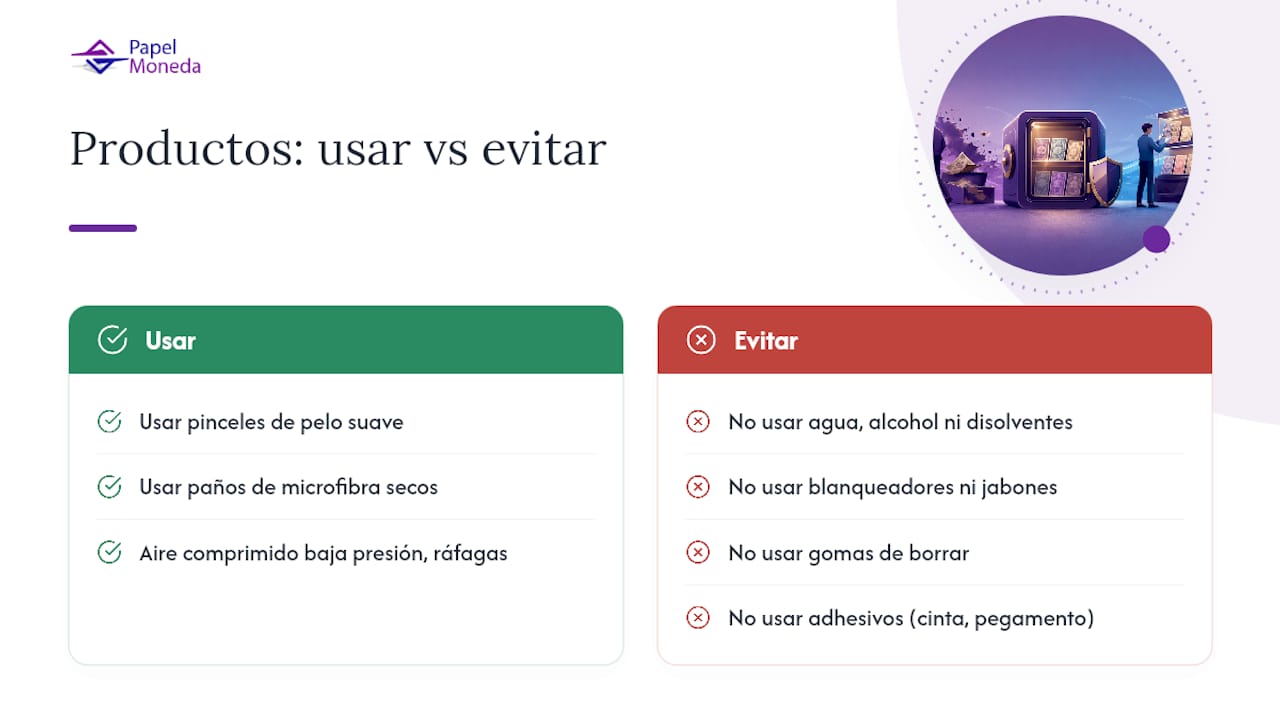 Diagrama de productos de limpieza seguros y no seguros para billetes antiguos