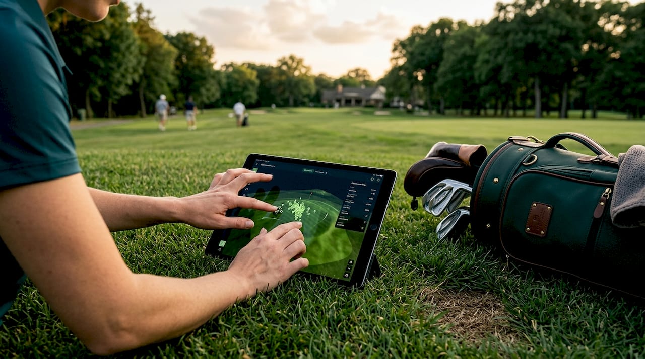 Golfer analyzing shot dispersion on tablet