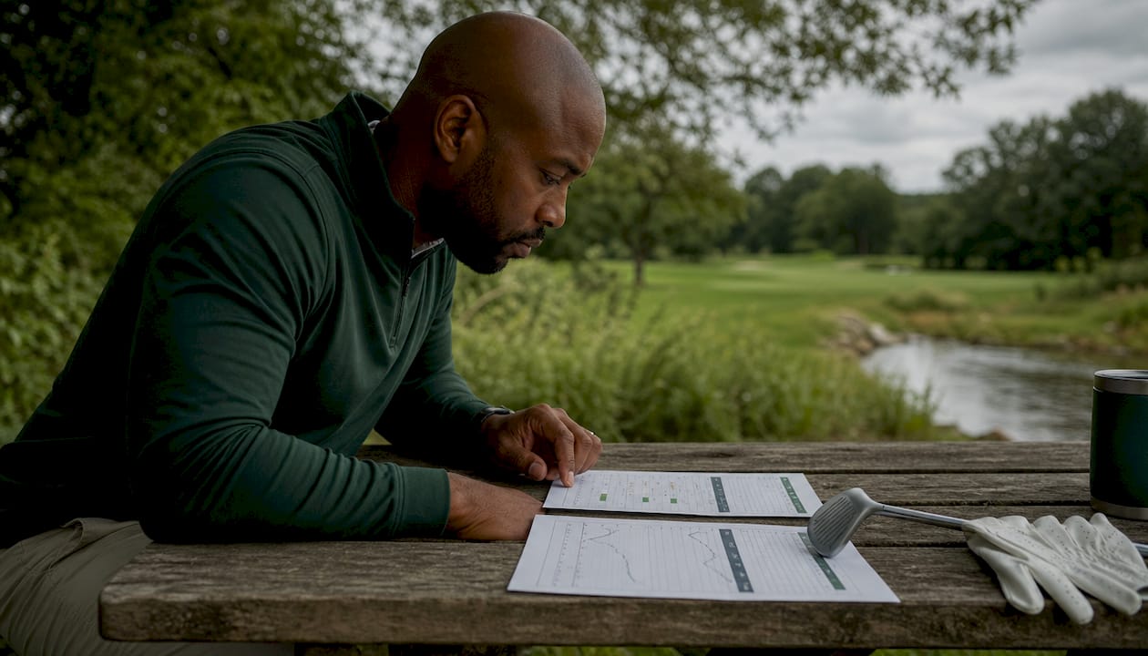Hands comparing weekly golf session charts outdoors
