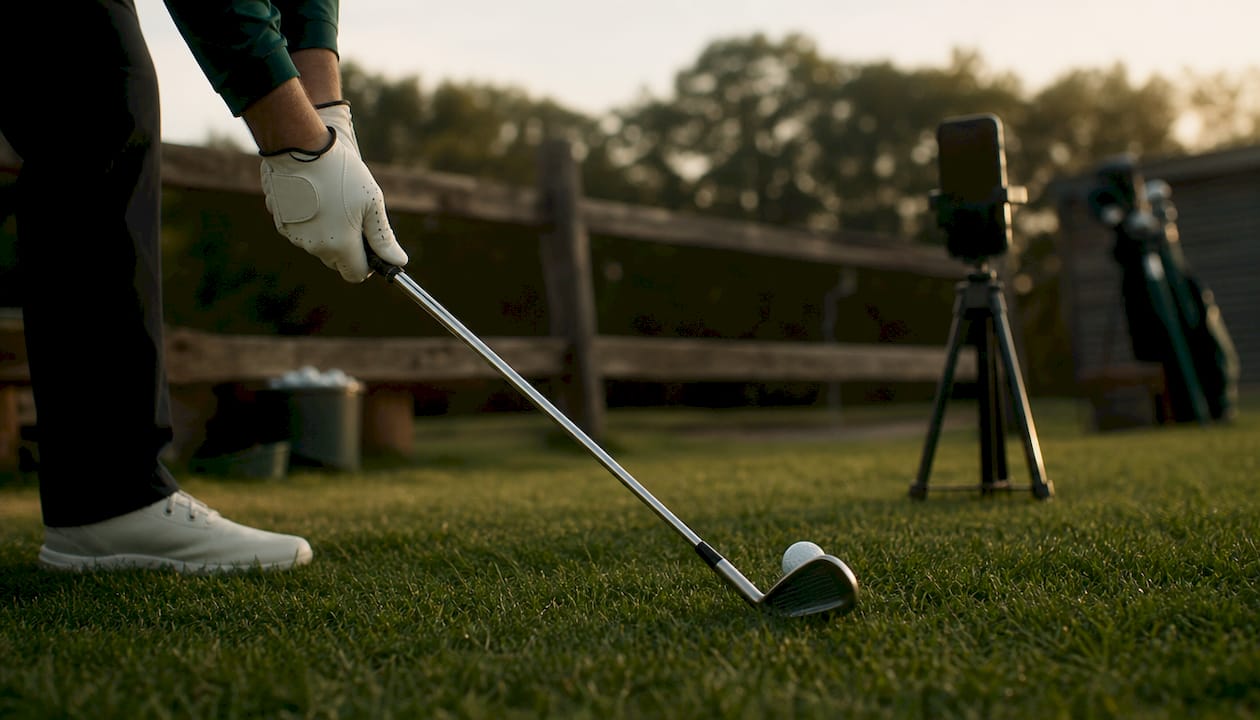 Close-up of golfer hands with club and ball on grass