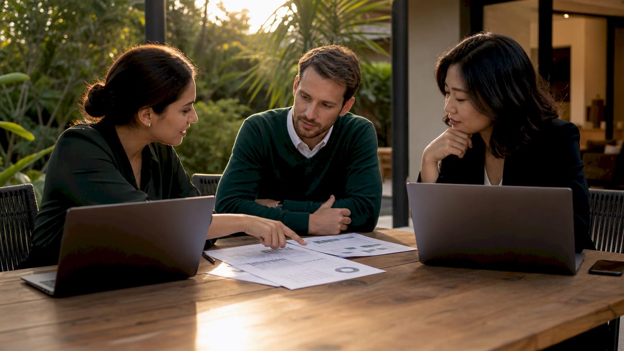 Team collaborating on continuous benchmarking in conference room